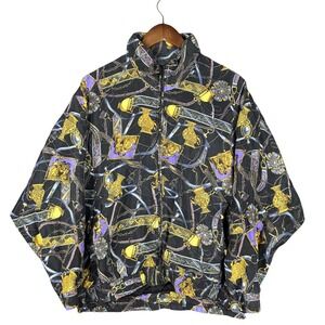 Vintage Pan Asia Silk Windbreaker Jacket Medium Baroque Gold Chain Print Black